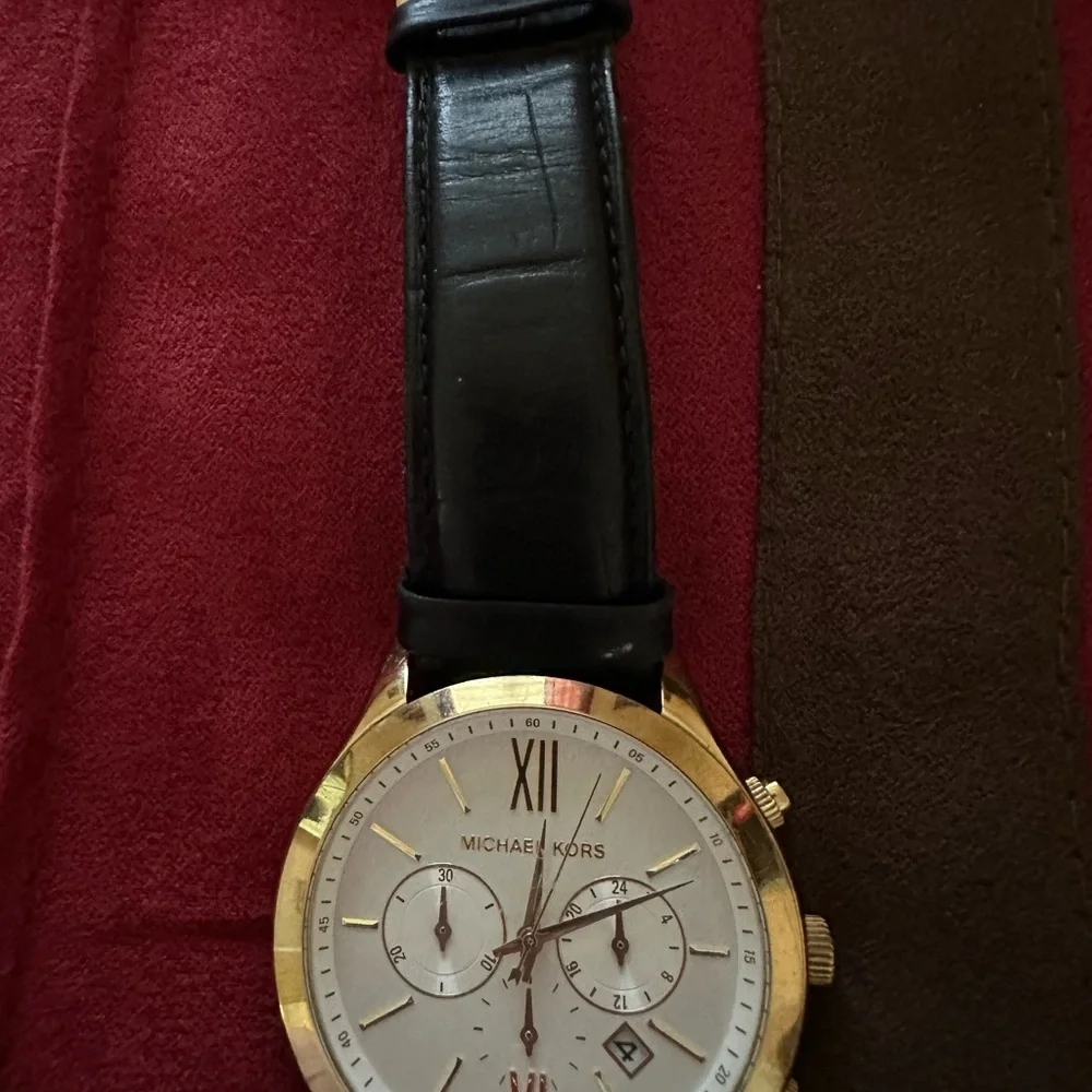 Michael Kors Women's Black Leather Strap Gold-Tone Dial Watch